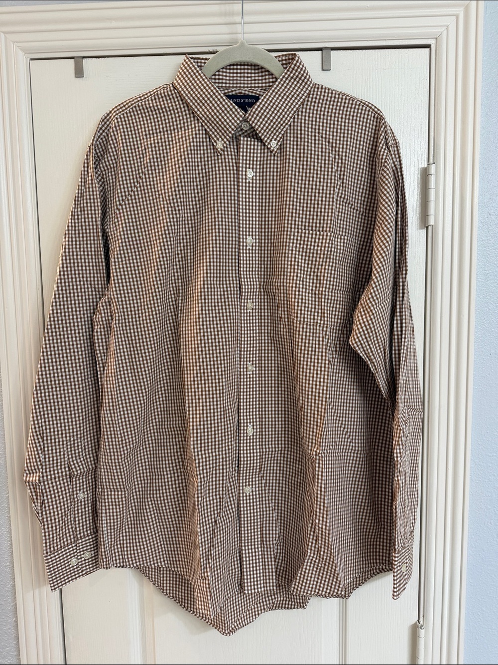 Lands' End Men's Brown and White Checked Button-Down Shirt